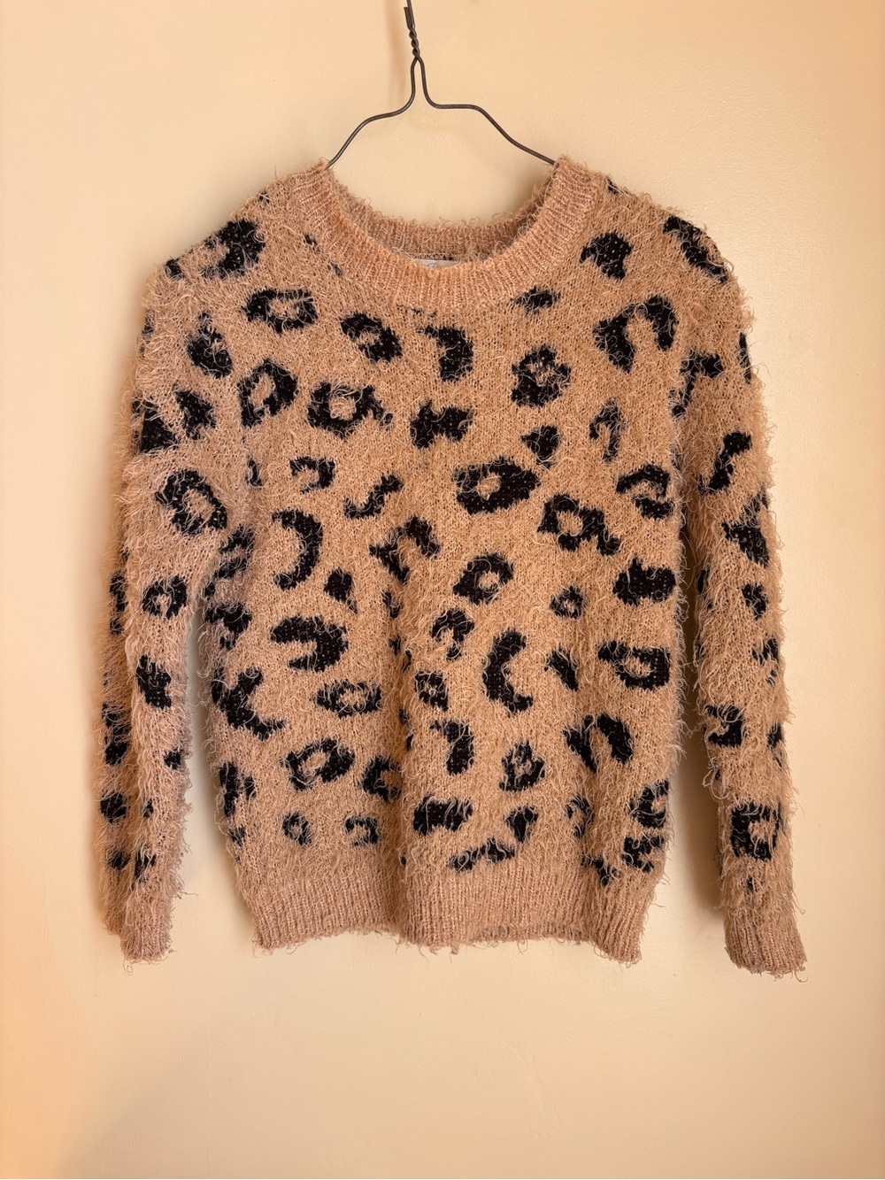 Jessica Simpson Fuzzy Leopard Crewneck Sweater - Camel/Black Girls Size 5/6